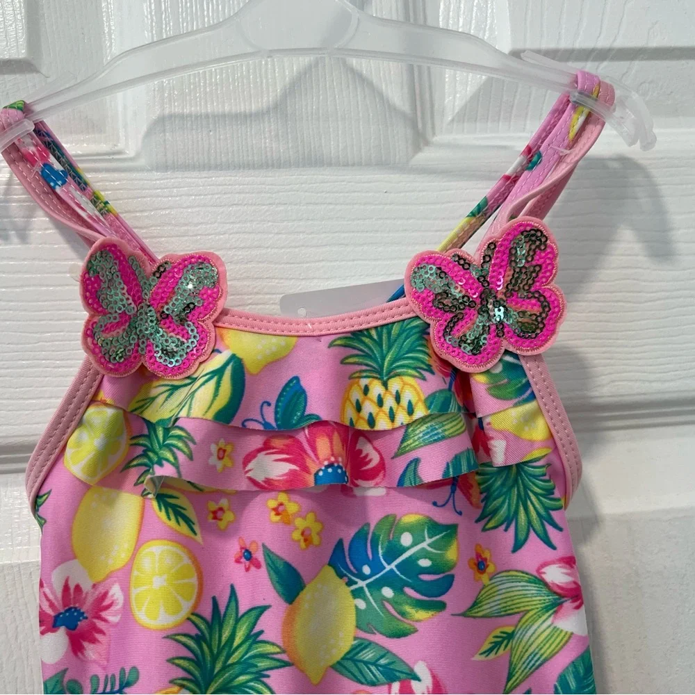 Momentum Brands Toddler Girl Size 3T 1-Piece Pink Floral Swimsuit Ruffle Stretch